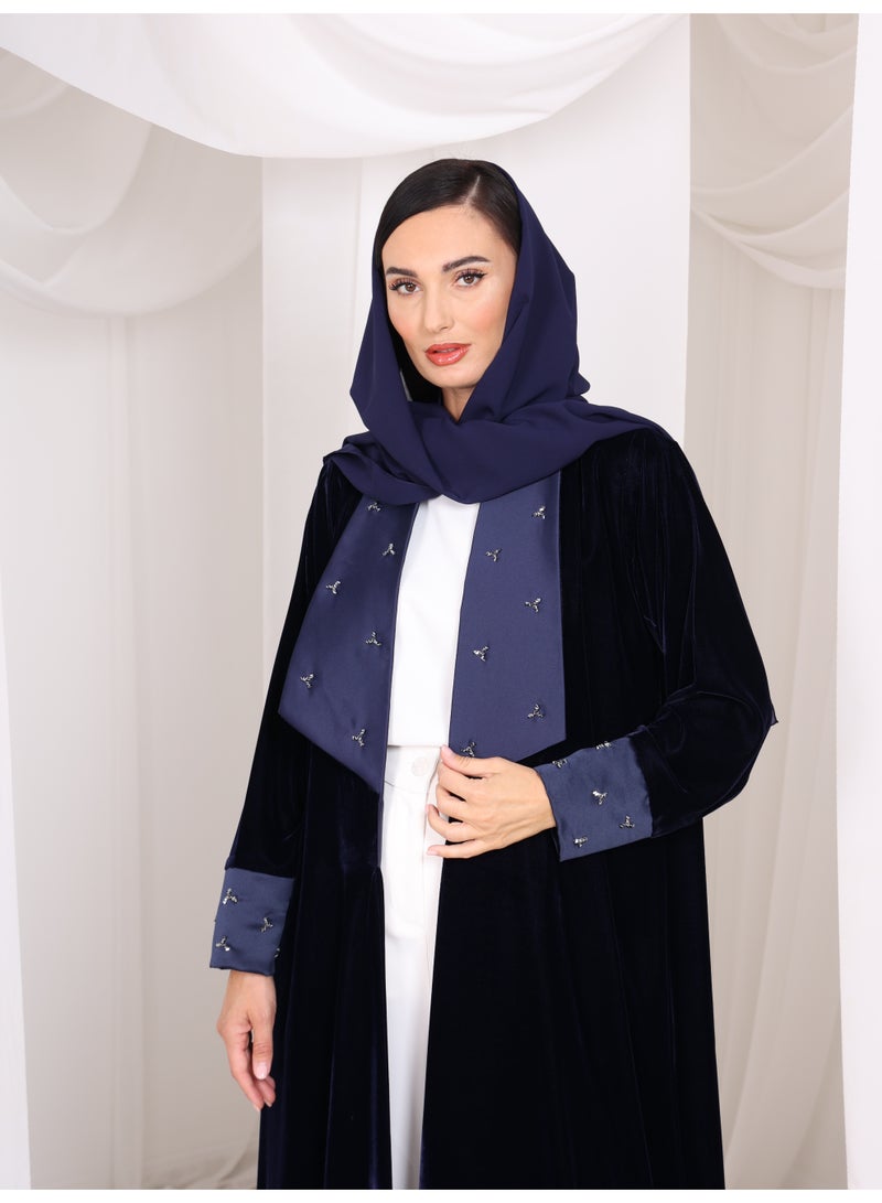 Royal Vision Navy Blue Velvet Embellished Abaya with Matching Scarf - Image 4